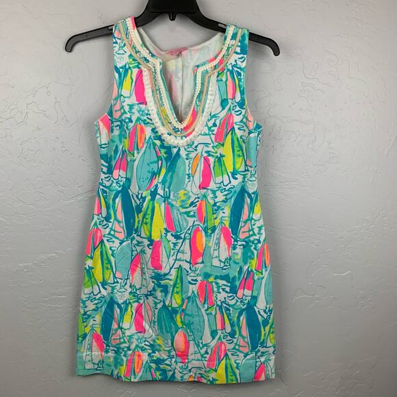 Lilly Pulitzer Harper Shift Dress Womens Small Blue White Floral Tropical - Picture 3 of 10